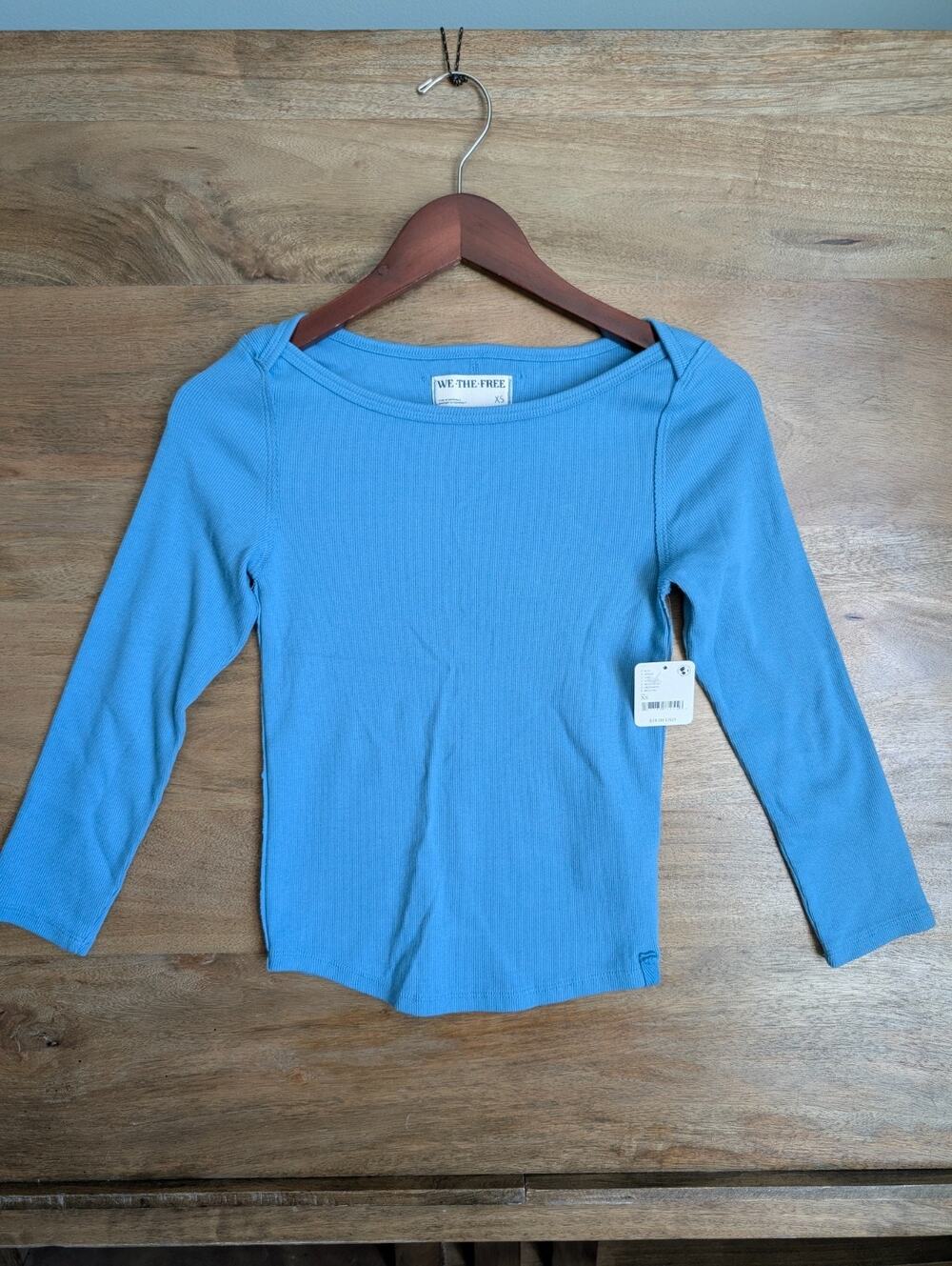 NWT We The Free Everyday Ribbed Top Womens XS Blue Stretch Long Sleeve Boat Neck